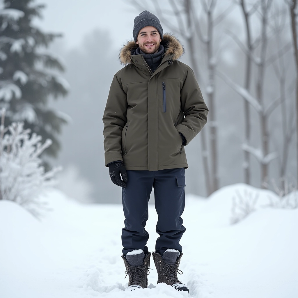 Person wearing charcoal wool blend thermal socks with winter boots standing outdoors in snowy conditions