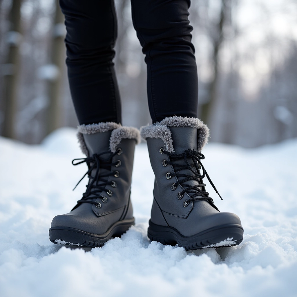Winter boot being worn while walking on snowy terrain, showing practical application in cold weather conditions
