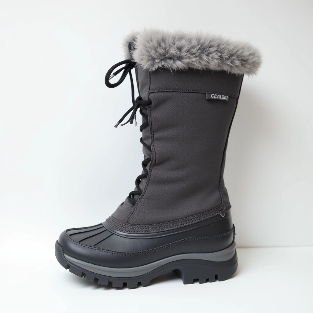 Full-length winter boot photograph showing charcoal coloring, boot height, sole traction pattern, and overall silhouette on neutral background