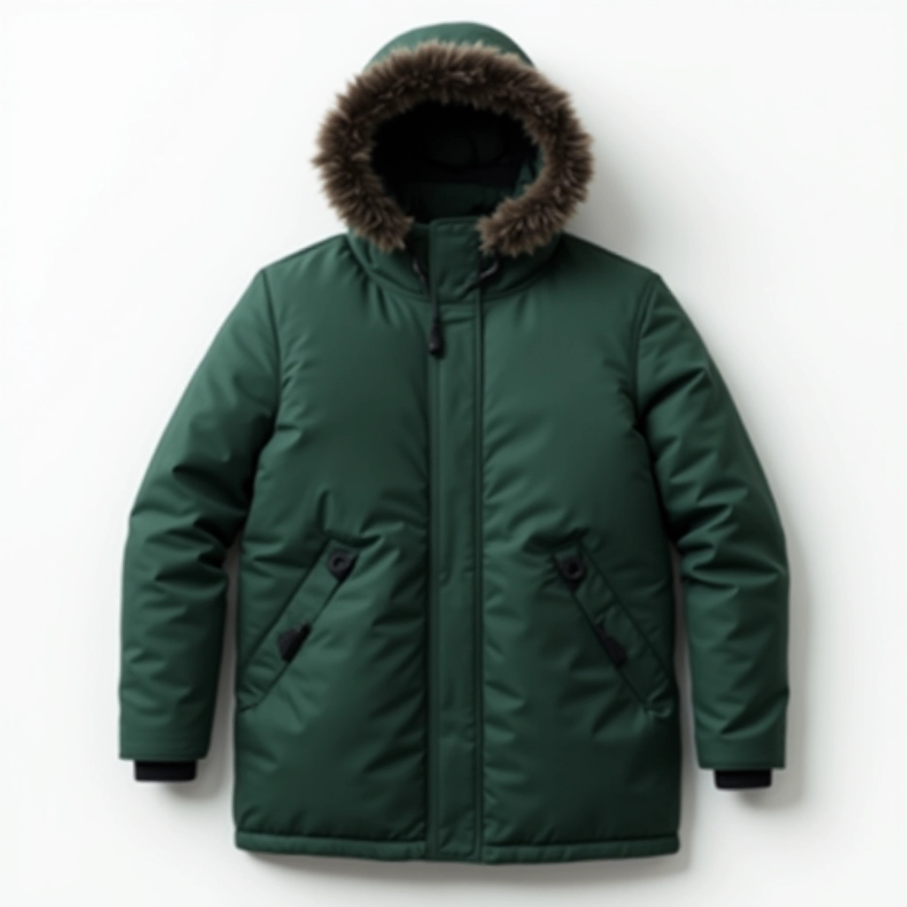Flat lay product shot showing forest green parka folded neatly, displaying dimensions and weight specifications